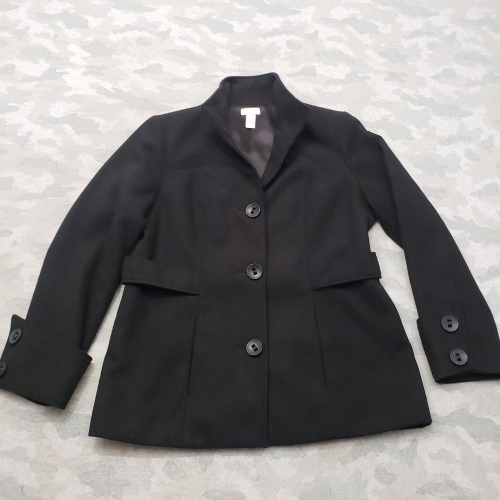 Chico's Pea Coat Women Size 1 Black Button Front Pockets
